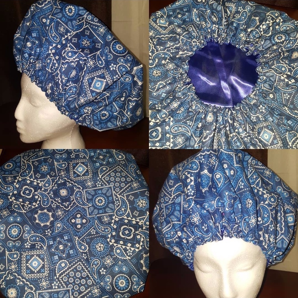 Blue Bandana, Satin Lined Hair Bonnet (Adult) New